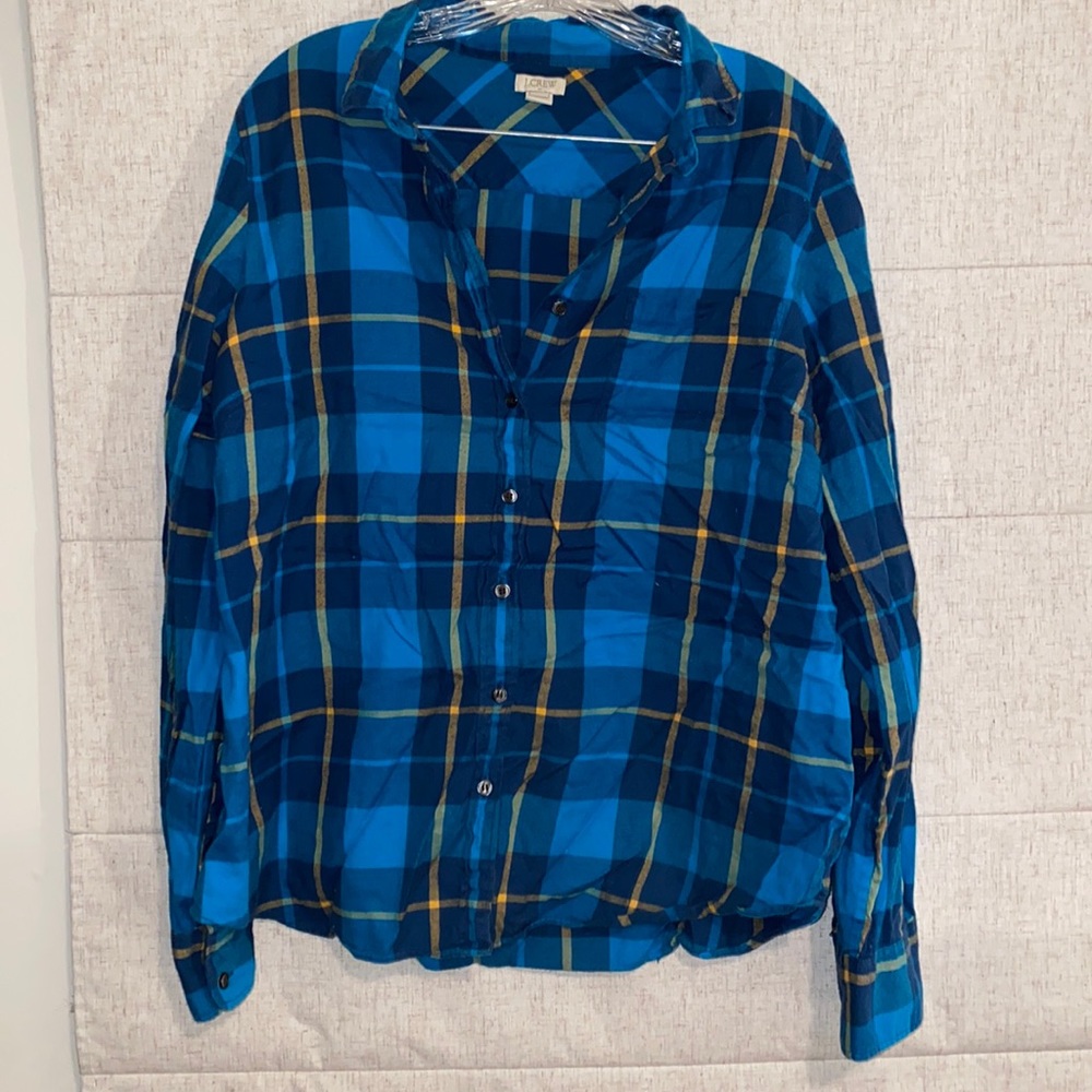J. Crew Bright blue and yellow flannel button up shirt